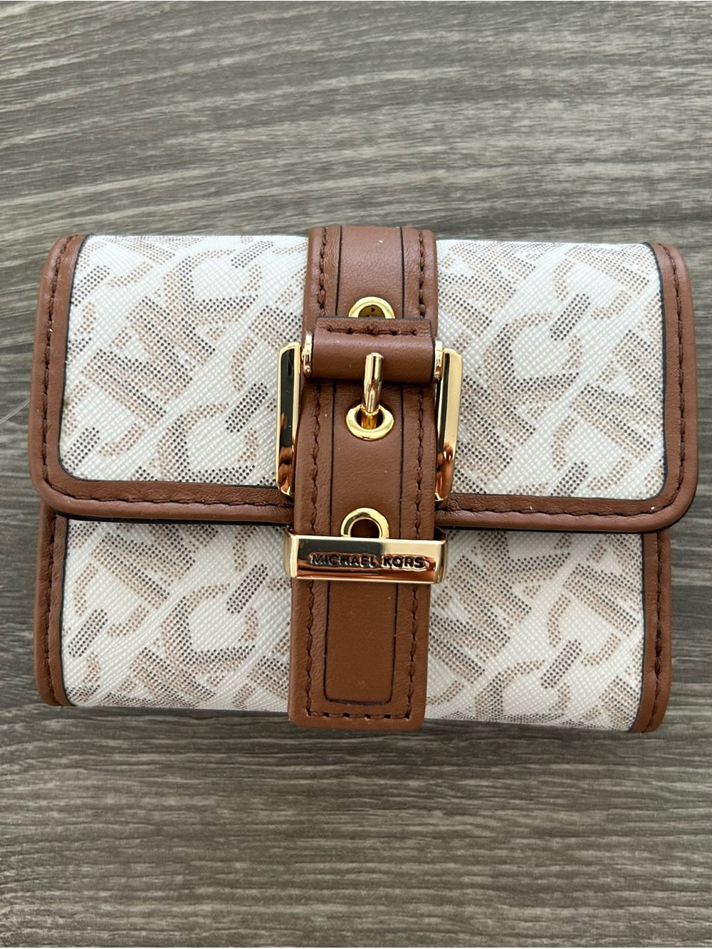 Michael Kors Cream & Brown Logo-Print Compact Wallet with Gold Hardware